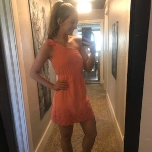 Vanity peach off the shoulder dress
